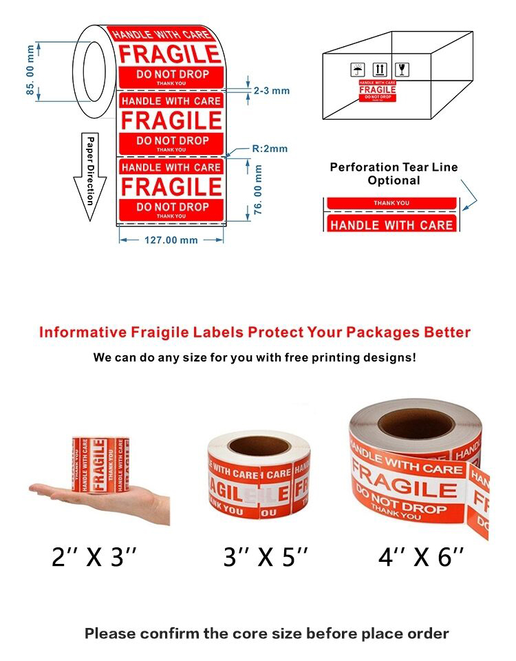 Custom Printing Warning Shipping label Fragile Stickers 3x2